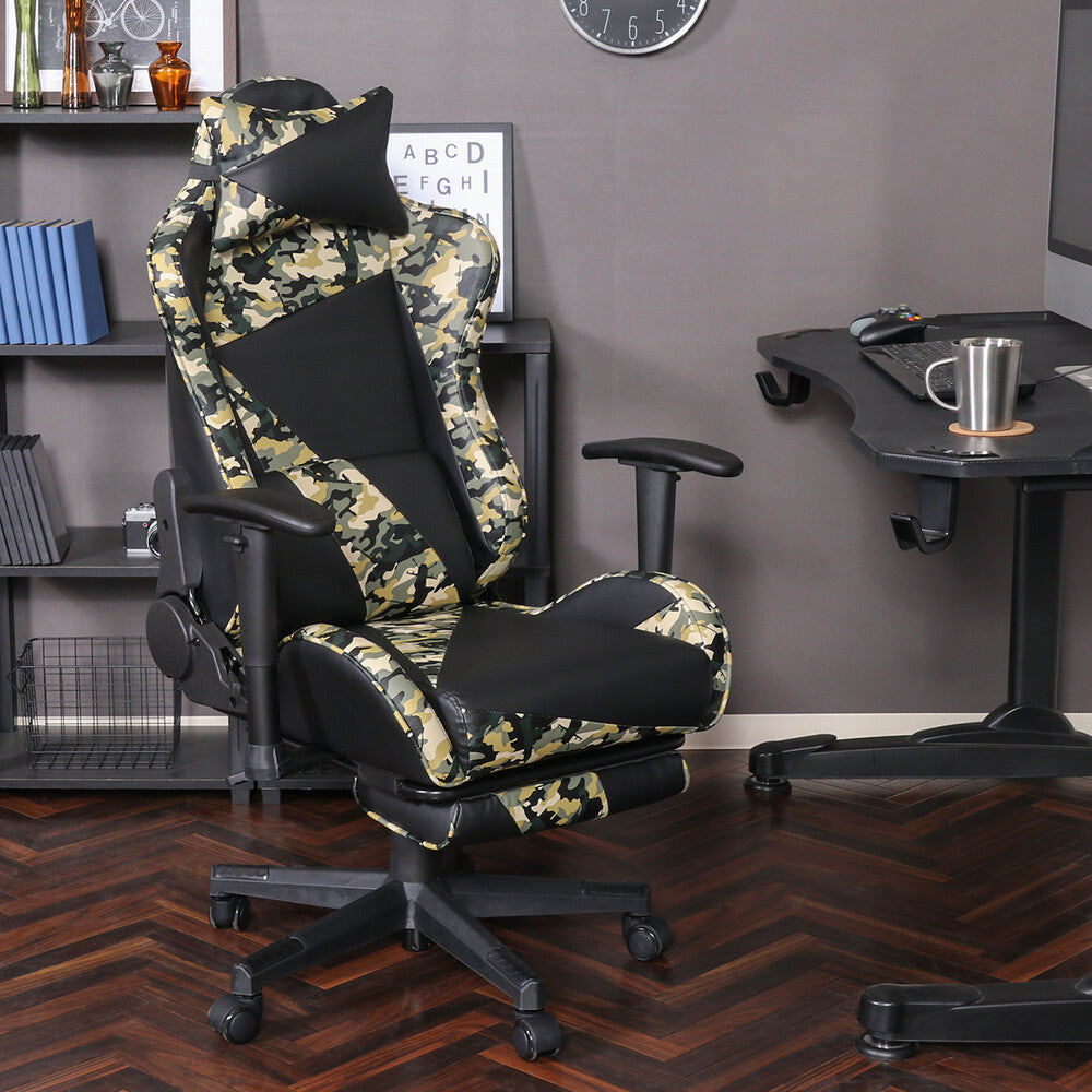 カモフラージュ柄リクライニングチェア ゲーミングチェア レスト付き 迷彩柄 在宅勤務 PC作業【FB14599】