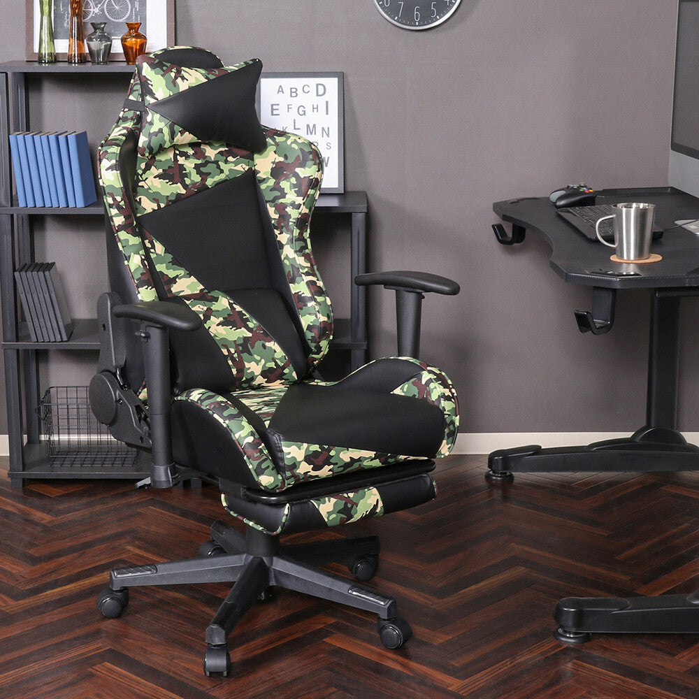 カモフラージュ柄リクライニングチェア ゲーミングチェア レスト付き 迷彩柄 在宅勤務 PC作業【FB14599】