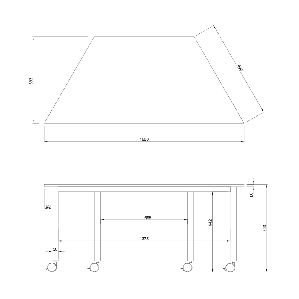 商品サイズ 台形テーブル キャスター付き
