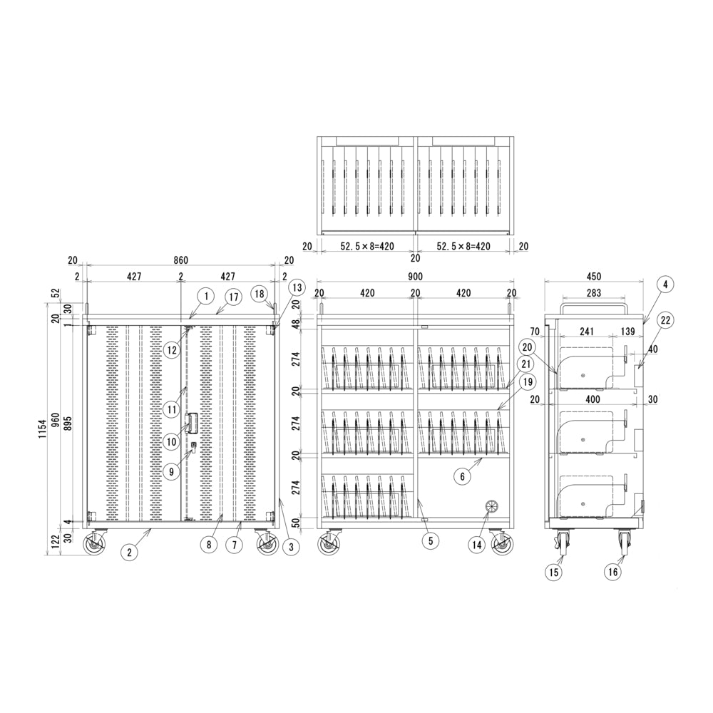 サイズ W900 2列3段 タブレット40台収納