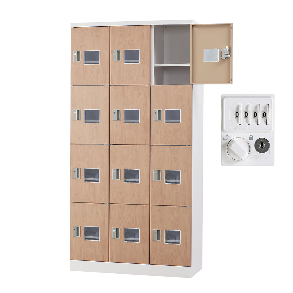 多目的用 ロッカー ハイタイプ スチール 収納 完成品 12人用ロッカー アクリル窓 縦型 3列4段 W900×H1790 窓付き 棚板付き 固定スチール棚 【オフィス家具市場】【日本製】【受注生産品】【HLK-GH12TW】