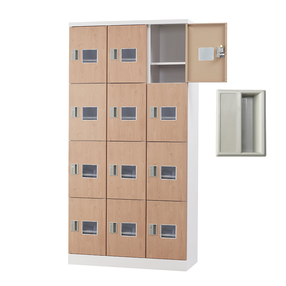 多目的用 ロッカー ハイタイプ スチール 収納 完成品 12人用ロッカー アクリル窓 縦型 3列4段 W900×H1790 窓付き 棚板付き 固定スチール棚 【オフィス家具市場】【日本製】【受注生産品】【HLK-GH12TW】