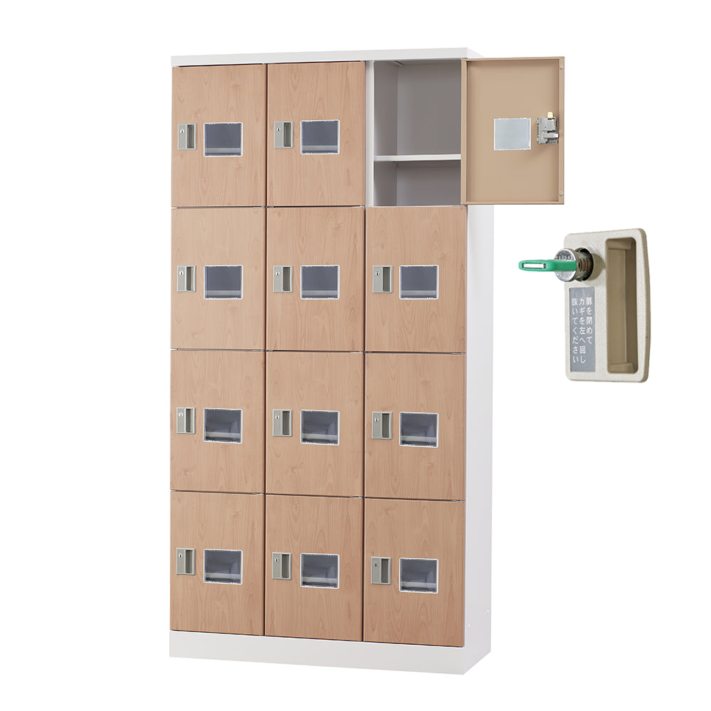 多目的用 ロッカー ハイタイプ スチール 収納 完成品 12人用ロッカー アクリル窓 縦型 3列4段 W900×H1790 窓付き 棚板付き 固定スチール棚 【オフィス家具市場】【日本製】【受注生産品】【HLK-GH12TW】