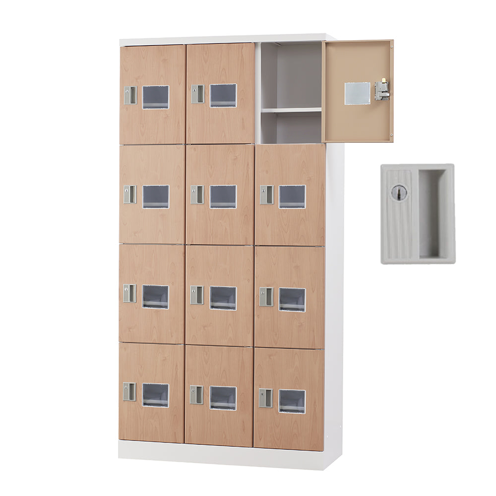 多目的用 ロッカー ハイタイプ スチール 収納 完成品 12人用ロッカー アクリル窓 縦型 3列4段 W900×H1790 窓付き 棚板付き 固定スチール棚 【オフィス家具市場】【日本製】【受注生産品】【HLK-GH12TW】