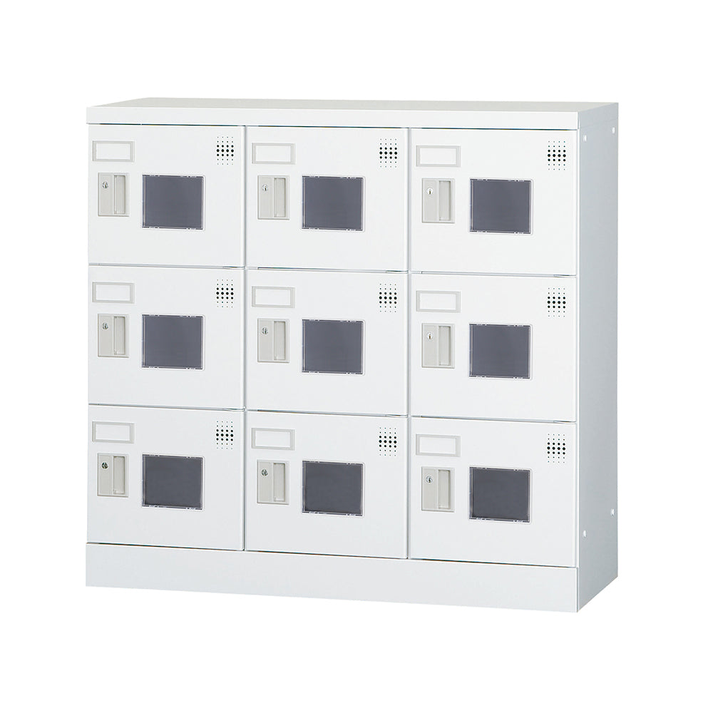 多目的用ロッカー ロータイプスチールロッカー 収納 完成品 9人用ロッカー 横型 3列3段 W900×D380×H880mm ホワイトグレー【オフィス家具市場】【日本製】【HLK-GL09】