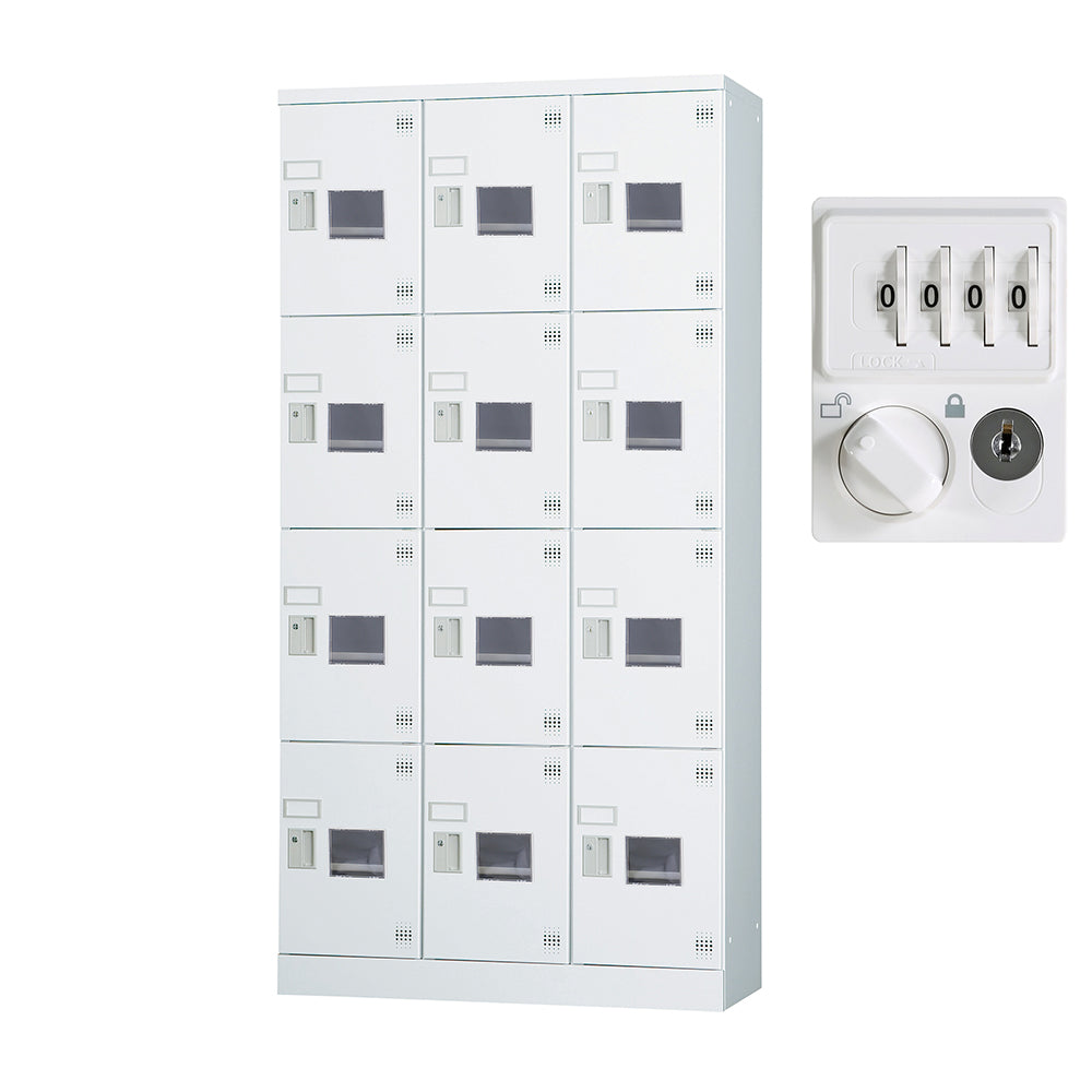 多目的用 ロッカー ハイタイプ スチール 収納 完成品 12人用ロッカー アクリル窓 縦型 3列4段 W900×H1790 窓付き 棚板付き 固定スチール棚 【オフィス家具市場】【日本製】【受注生産品】【HLK-GH12TW】