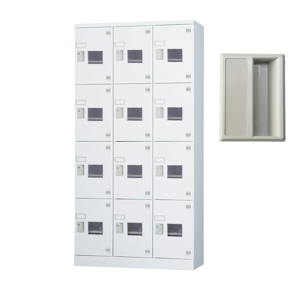 多目的用 ロッカー ハイタイプ スチール 収納 完成品 12人用ロッカー アクリル窓 縦型 3列4段 W900×H1790 窓付き 棚板付き 固定スチール棚 【オフィス家具市場】【日本製】【受注生産品】【HLK-GH12TW】