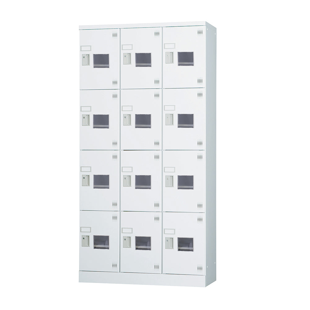 多目的用 ロッカー ハイタイプ スチール 収納 完成品 12人用ロッカー アクリル窓 縦型 3列4段 W900×H1790 窓付き 棚板付き 固定スチール棚 【オフィス家具市場】【日本製】【受注生産品】【HLK-GH12TW】