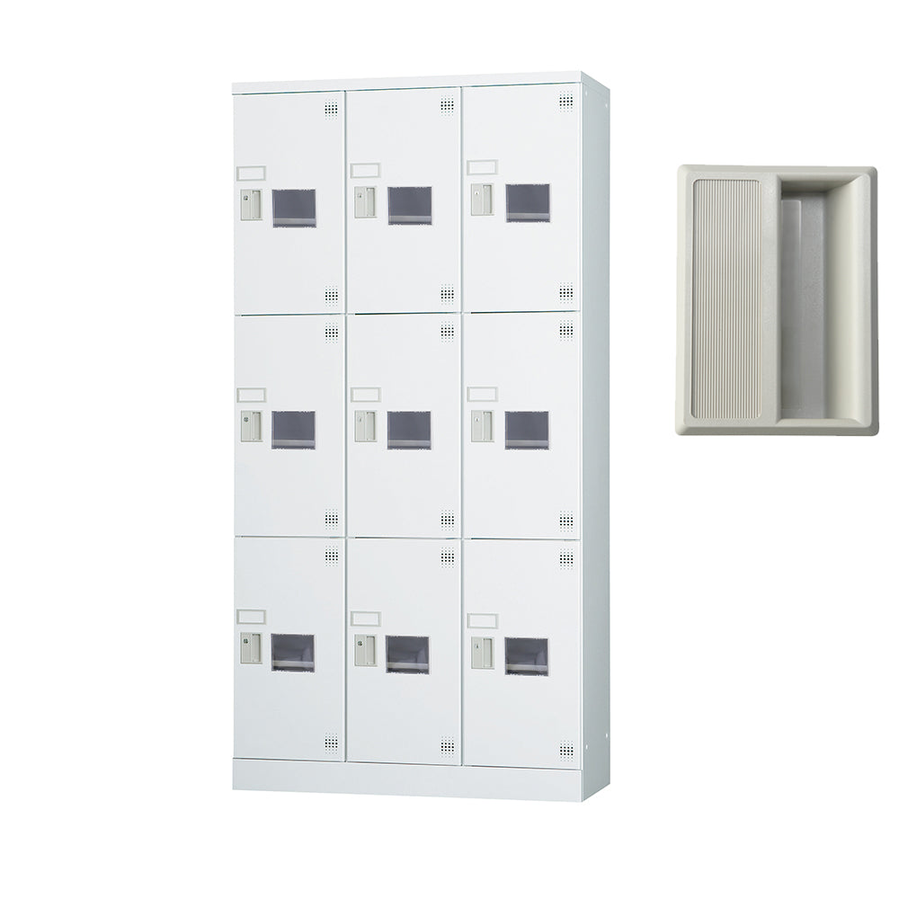 多目的用 ロッカー ハイタイプ スチール 収納 完成品 9人用ロッカー アクリル窓 縦型 3列3段 W900×H1790【オフィス家具市場】【日本製】【受注生産品】【HLK-GH09TW】