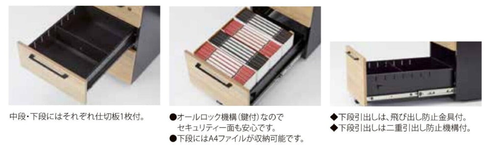 ワゴン　引き出し　仕切り板付き　飛び出し防止